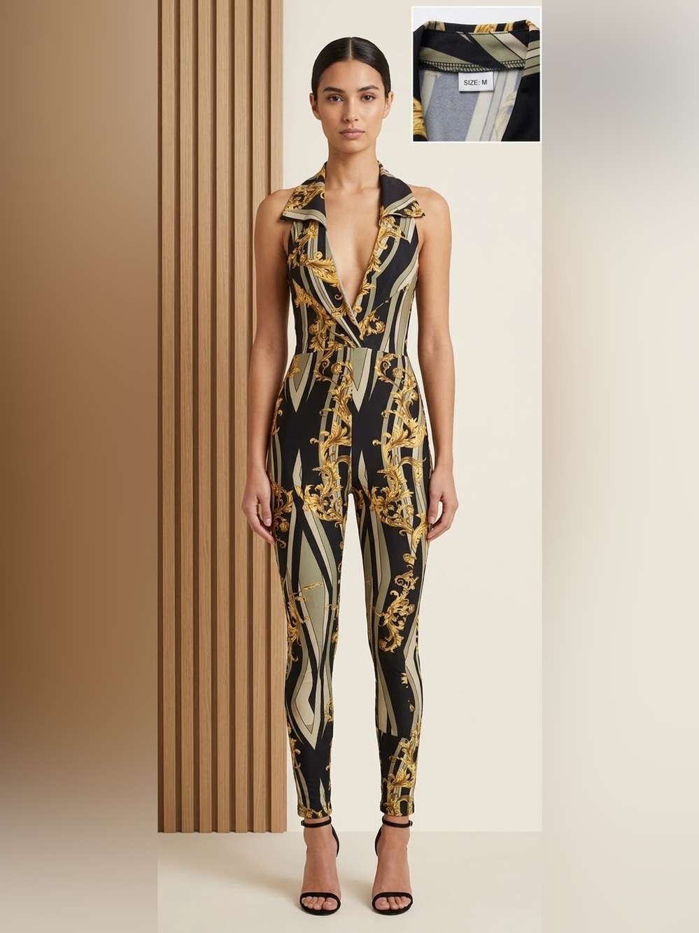 Plunging Sleeveless Black & Gold Baroque Jumpsuit